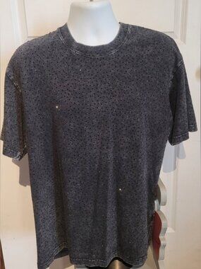 Womens Washed Black Crewneck T-Shirt With Black Crystals